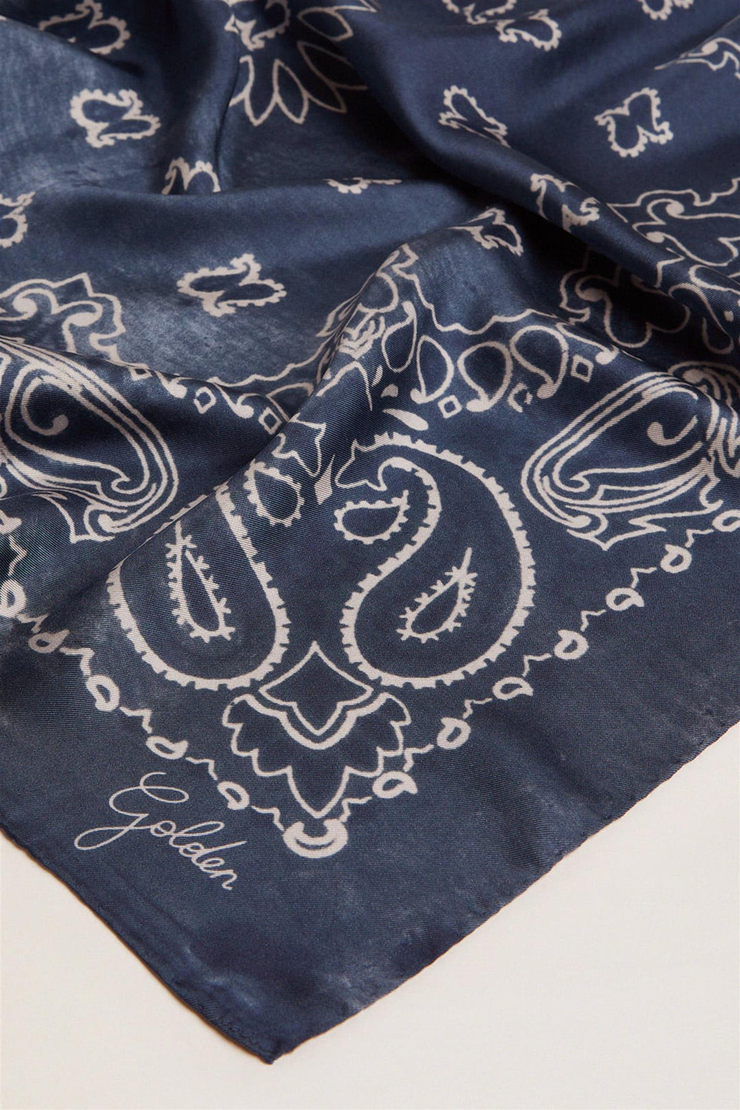 Golden Foulard Paisley Silk Scarf Denim Blue