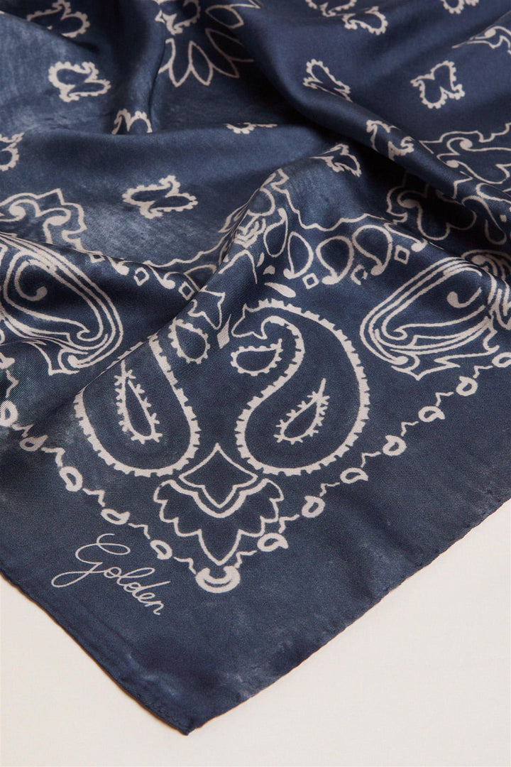 Golden Foulard Paisley Silk Scarf Denim Blue