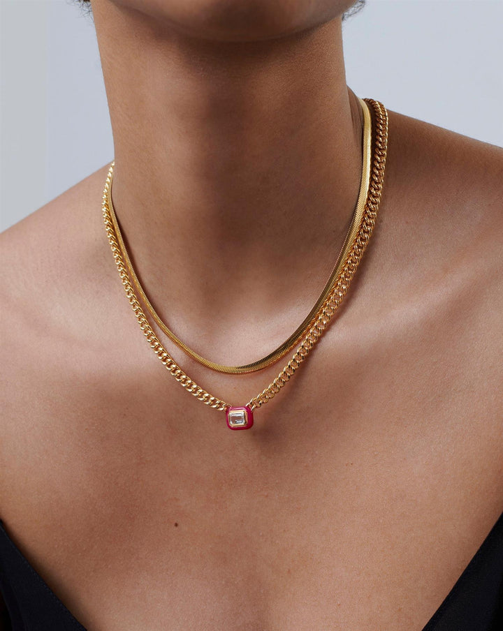 Enamel & Stone Floating Pendant Chain Necklace Neon Pink