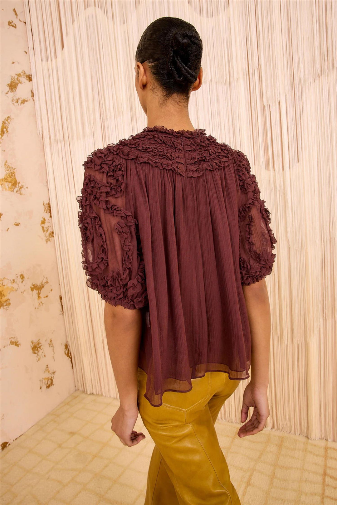 Isolda Silk Smocked Short Sleeve Blouse Mahogany