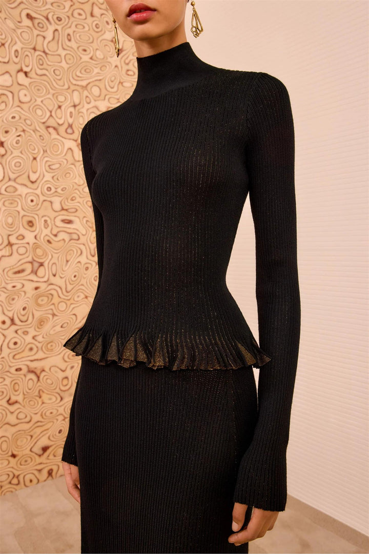 Yulia Ruffle Turtleneck Top Noir