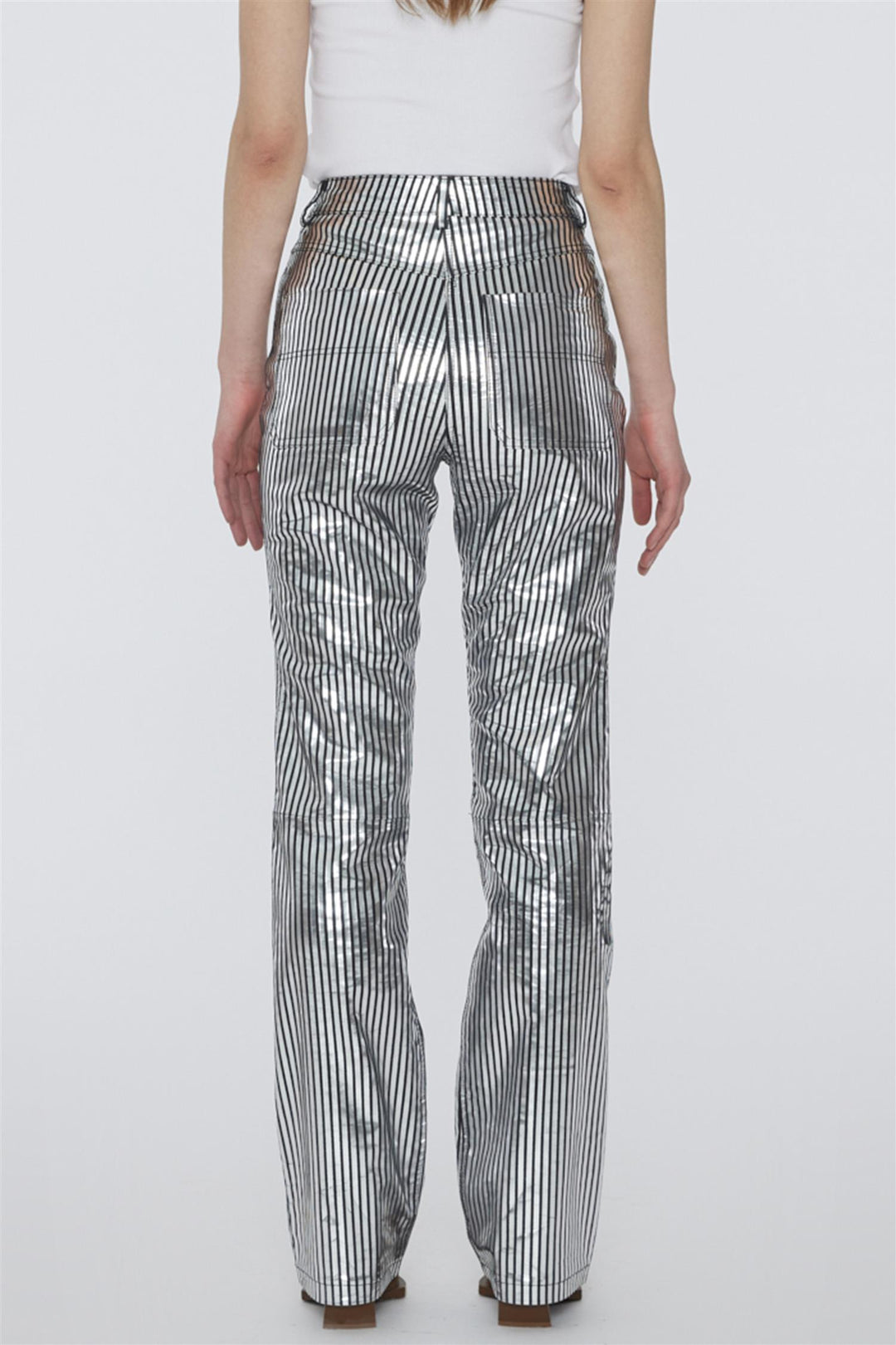 Striped Leather Pants Black Silver