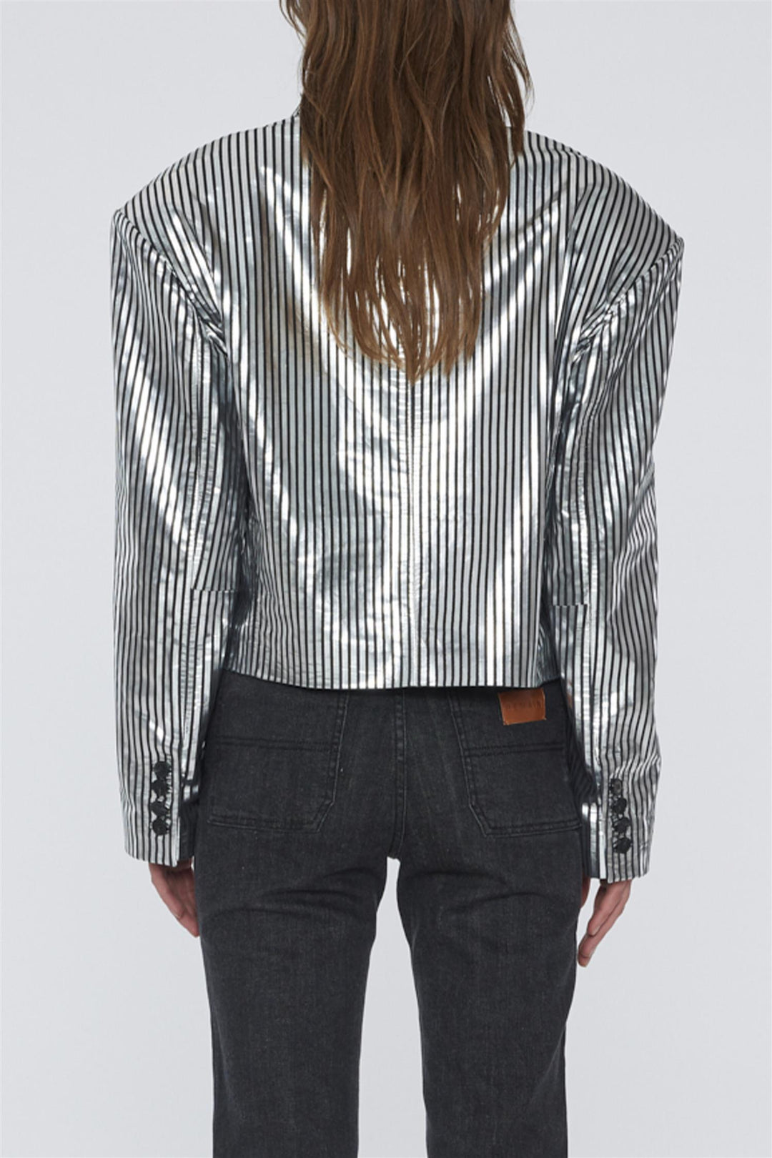 Striped Leather Blazer Black Silver