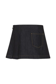 Raw Denim Pleated Mini Skirt Black