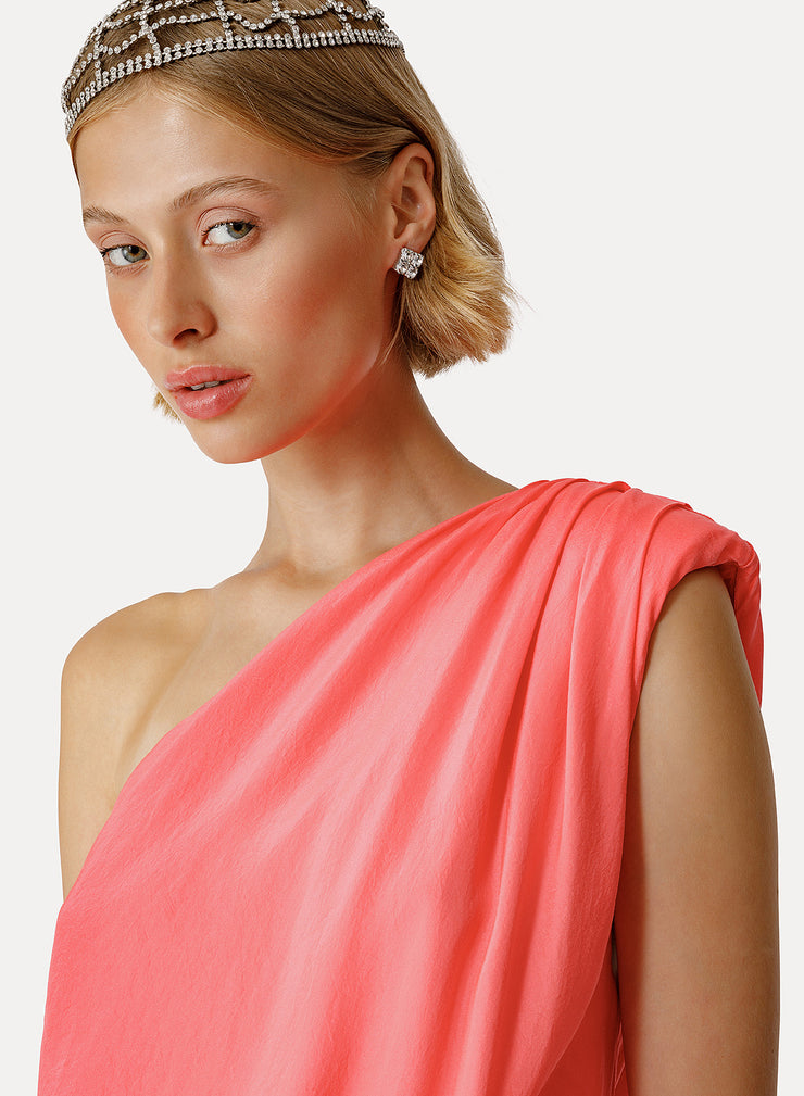 Habotai Silk One Shoulder Belted Dress Lips