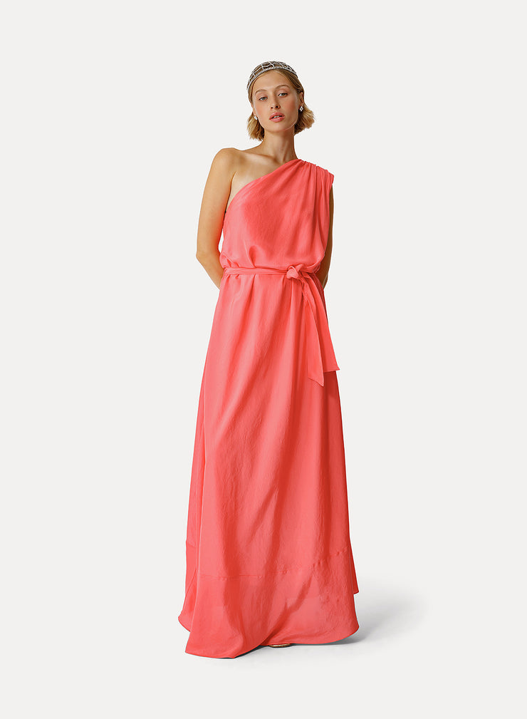 Habotai Silk One Shoulder Belted Dress Lips