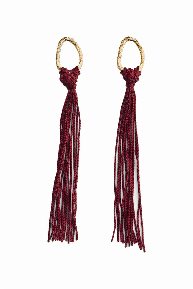 Asymmetrical Crochet Fringe Earrings Burgundy