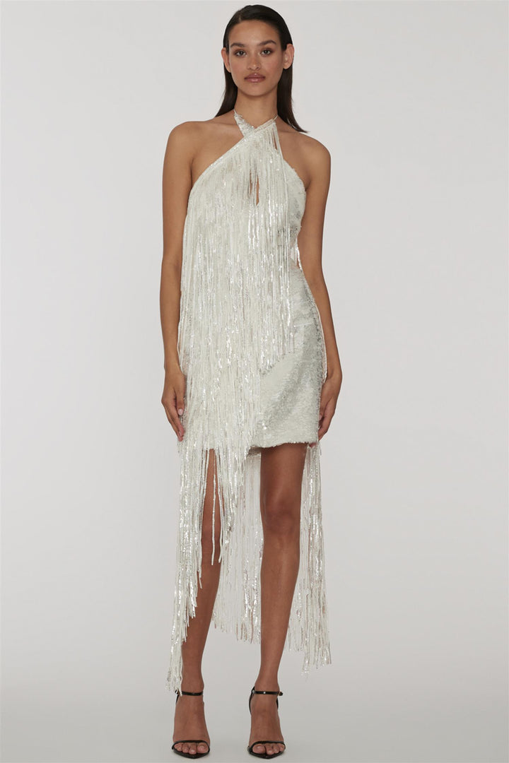 Noor Sequins Mini Fringe Dress Bright White