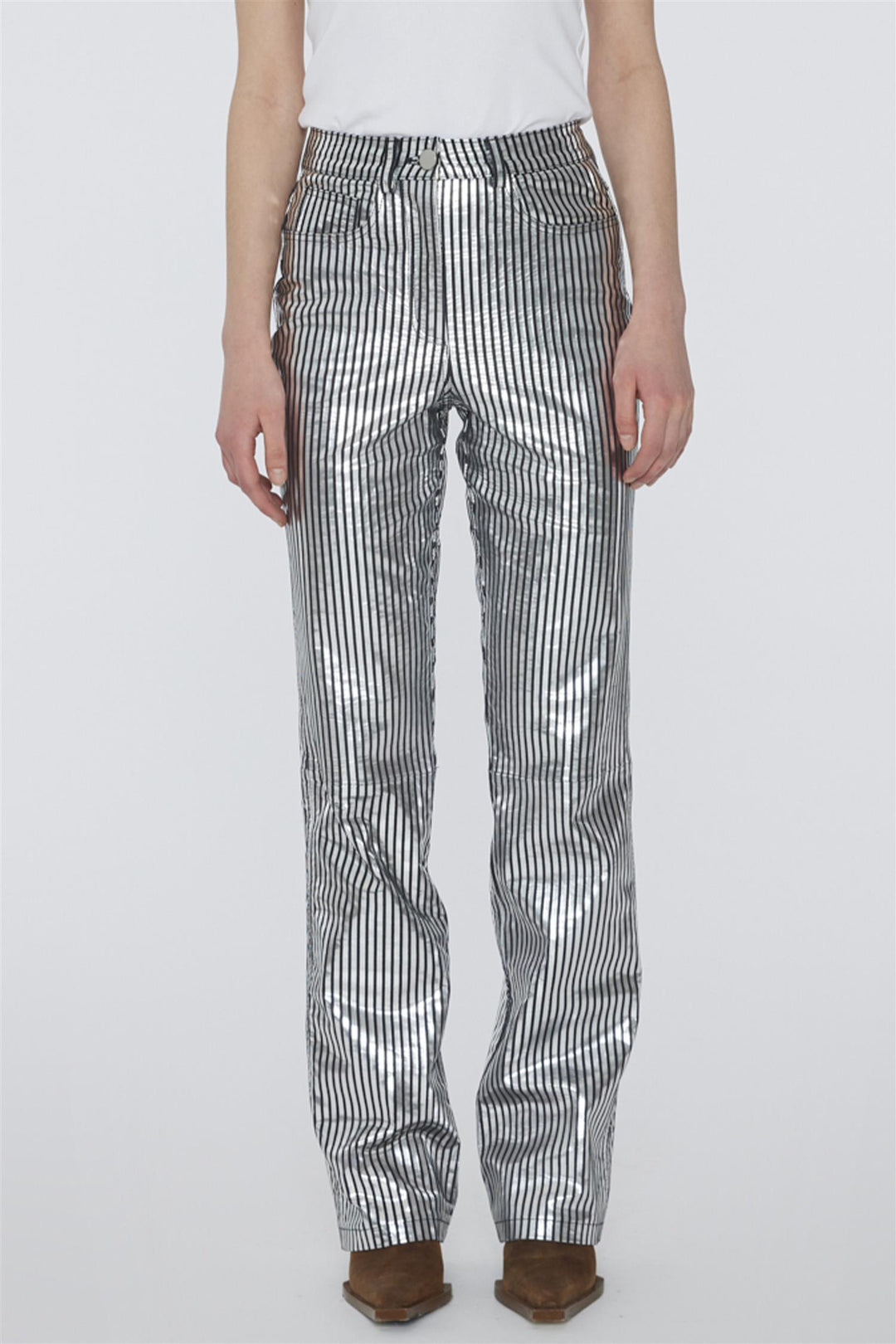 Striped Leather Pants Black Silver