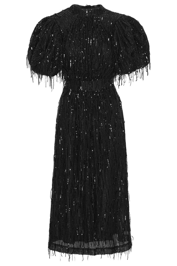 Noon Sequin Midi Puff Dress Black