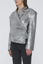 Striped Leather Blazer Black Silver